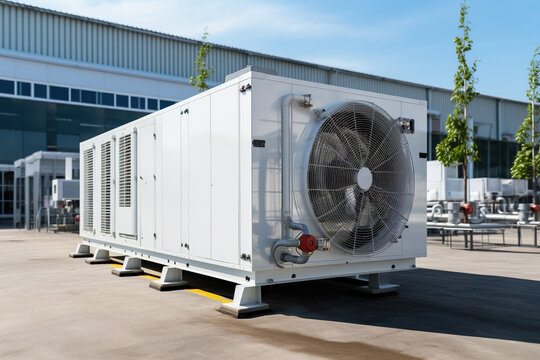 condenser unit or compressor outside factory plant. Unit of ac air conditioner, heating ventilation or hvac air conditioning system