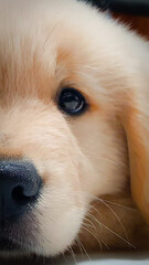 Golden retriever puppy half face. Vertical portrait format