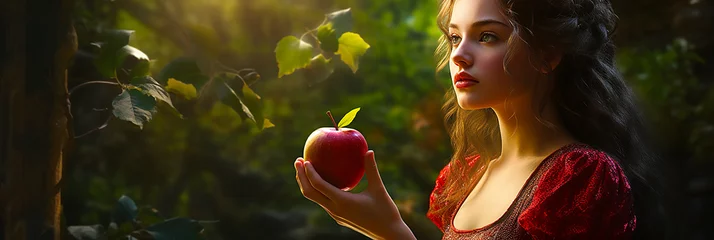 Papier Peint photo Forêt des fées Beautiful woman with red apple, like in a fairy tale.