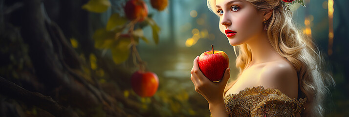 Beautiful woman with red apple, like in a fairy tale. - obrazy, fototapety, plakaty
