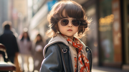 little Korean child in stylish clothes on the street of Seoul, Asian girl, boy, portrait of a cute kid, baby, fashionable outfit, fashion, trend, children, urban, city, hoodie, pastel colors, walk