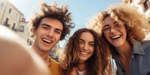 Obraz premium Group of Friends Capturing Joyful Selfie Outdoors on Vacation. Generative ai