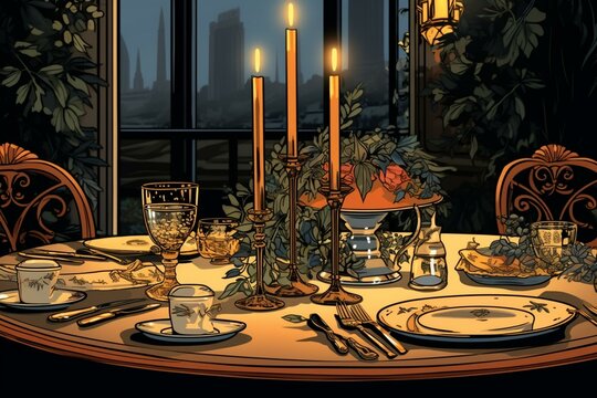 An Exquisite Table Set For A Fancy Dinner, Inside A Restaurant. An Illustration. Generative AI