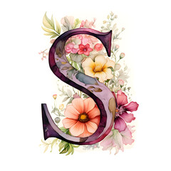 Letter S with flowers, botanical watercolor illustration on white background.