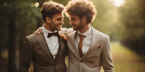 Gay Couple's Wedding Portrait in an Outdoor Setting. Generative ai