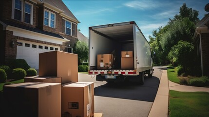 Moving Truck Loaded with Boxes in Suburban Home Driveway. Generative ai