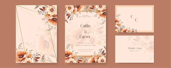 Brown and beige poppy vector wedding invitation card set template with flowers and leaves watercolor