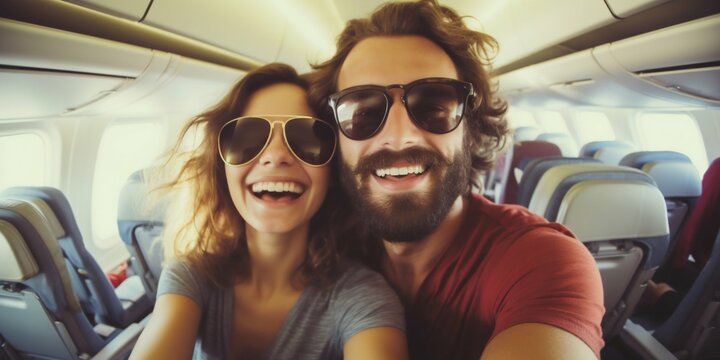 Joyful Tourist Taking Selfie on Airplane During Summer Vacation. Generative ai