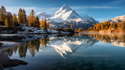 Fototapeta premium Crystal clear mountain lake, surrounded by alpine trees and snow-capped peaks, reflections on water, golden hour light