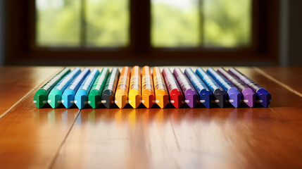 set of 24 Crayola crayons, arranged in a neat row, each crayon showing its label, pristine tips, bright and vibrant colors - obrazy, fototapety, plakaty