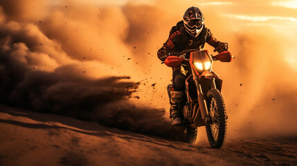 Obraz na płótnie Canvas Motorcycle biker rider from Dakar Rally on desert dunes at sunset