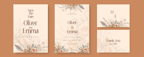 Beige rose luxury wedding invitation with golden line art flower and botanical leaves, shapes, watercolor