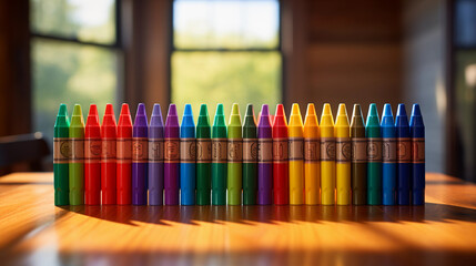 Fototapeta premium set of 24 Crayola crayons, arranged in a neat row, each crayon showing its label, pristine tips, bright and vibrant colors