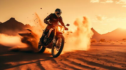 Motorcycle biker rider from Dakar Rally on desert dunes at sunset