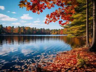 Lake surrounded by autumn foliage, deep red and gold leaves reflected on water, crisp