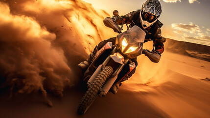 Motorcycle biker rider from Dakar Rally on desert dunes at sunset