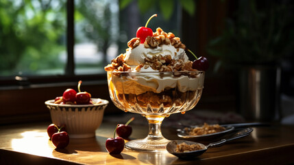 ice cream sundae in a glass bowl with caramel, nuts, and a cherry on top