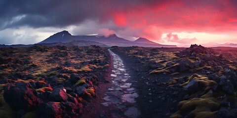 Naklejka premium hiking trail in an Icelandic lava field, unique flora, looming volcano in the background