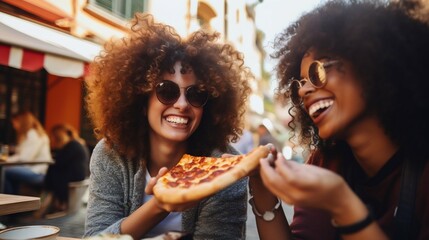 Fototapeta premium Young Women Enjoying Pizza Outdoors in the City. Generative ai