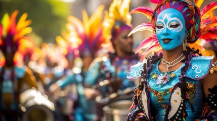 A vibrant and lively street parade filled with marching bands, colorful floats, and performers, all...