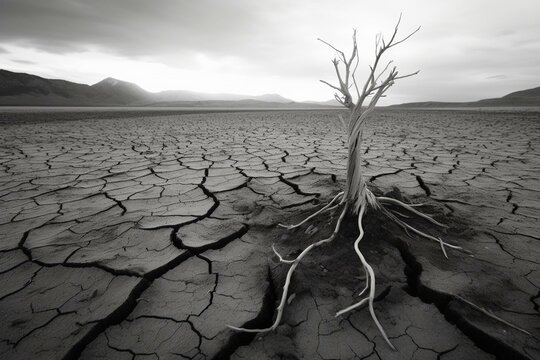 Withered plant on barren land in monochrome. Generative AI