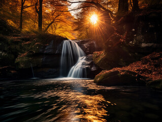Double waterfall merging into a single pool, surrounded by autumn foliage