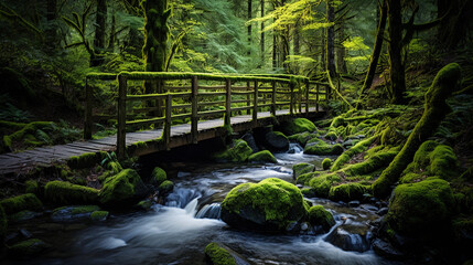 Obraz premium hiking trail crossing a wooden bridge over a bubbling stream, surrounded by dense forest, vibrant green moss and ferns