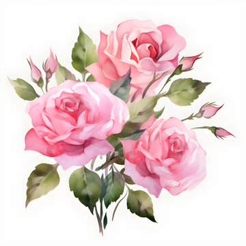 bouquet of roses, Watercolor pink roses - pink roses and leaves on white background.