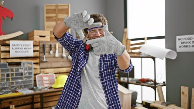 Inspired young man's portrait, happy carpenter crafts frame using hands and fingers, capturing imagination and focus at carpentry studio. creativity in woodworking through camera's lens