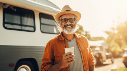 Portrait of an old hipster in front of van holds cup of coffee looking at camera.