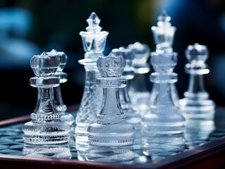 ice sculpture chess set, each piece highly detailed, positioned for a final move, lit by dim vintage lamps