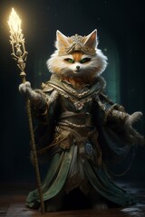 witch fox making magic, high ornamented, green and golden armor, generative ai