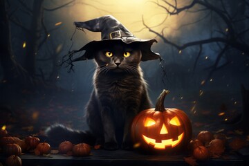 Black Cat with yellow eyes and witch hat at Halloween