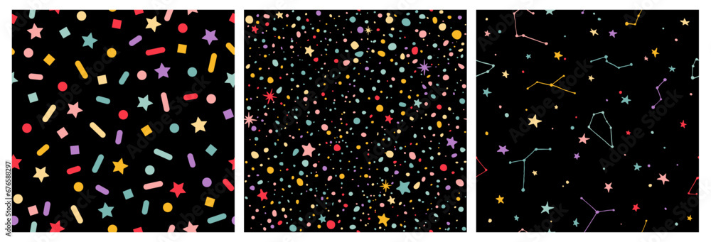 Poster vector seamless patterns set with stars, dots and constellation on black background. illustration of
