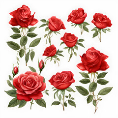 Set of red roses, Watercolor red roses, red roses and leaves on white background.