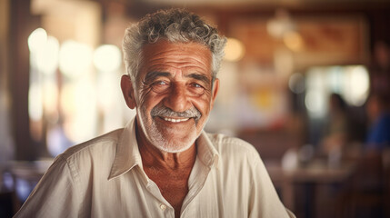 Indoors Portrait of happy elderly Latina man. Life in village. - obrazy, fototapety, plakaty