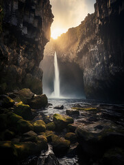 Waterfall framed by a natural rock arch, misty conditions, early morning light