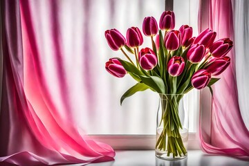 bouquet of pink tulips in vase, A delicate bouquet of pink tulips with a satin bow, isolated on a pristine white background