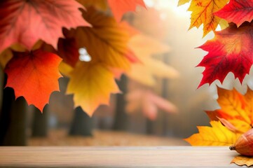 Naklejka na ściany i meble autumn leaves on a wooden table