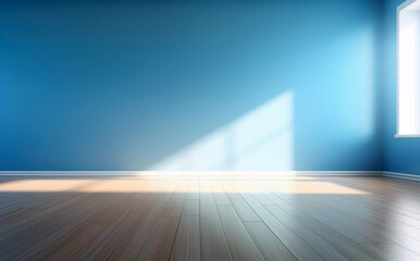 Serene light blue wall in an empty smooth wooden floor with gentle glare from window background