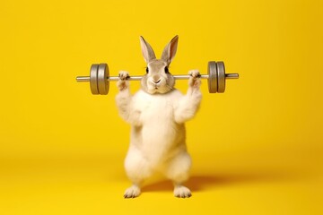 Strong funny rabbit in sportswear doing exercises with dumbbells - obrazy, fototapety, plakaty