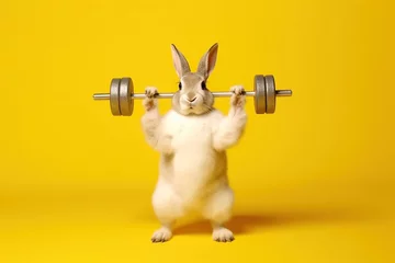 Fotobehang Strong funny rabbit in sportswear doing exercises with dumbbells © RealPeopleStudio
