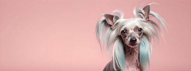 Studio portraits of a funny Chinese Crested dog on a plain and colored background. Creative animal concept, dog on a uniform background for design and advertising.