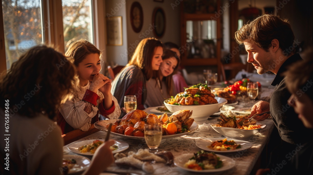 Wall mural Realistic image of a group of people dining together on Thanksgiving Day.