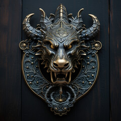 Bronze dragon head. Metal dragon on wooden gate. The dragon is the symbol of 2024. AI generated