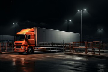 Sleek orange-grey cargo truck in a night parking lot. Generative AI