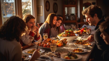 Realistic image of a group of people dining together on Thanksgiving Day. - obrazy, fototapety, plakaty