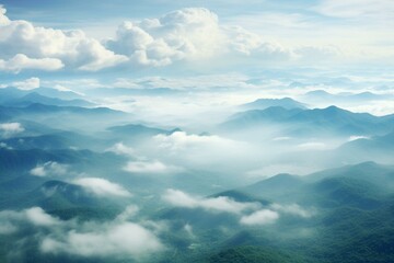 A view of a cloudy landscape with a forest from the stratosphere. Generative AI