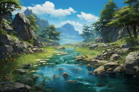 A waterway encircled by boulders and foliage in the distance. Generative AI