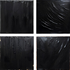 Set of 4 realistic black oil paint backgrounds. Colletion of black square paintings on canvas. Background for logo, design, brochure, printing, decor, advertisement.